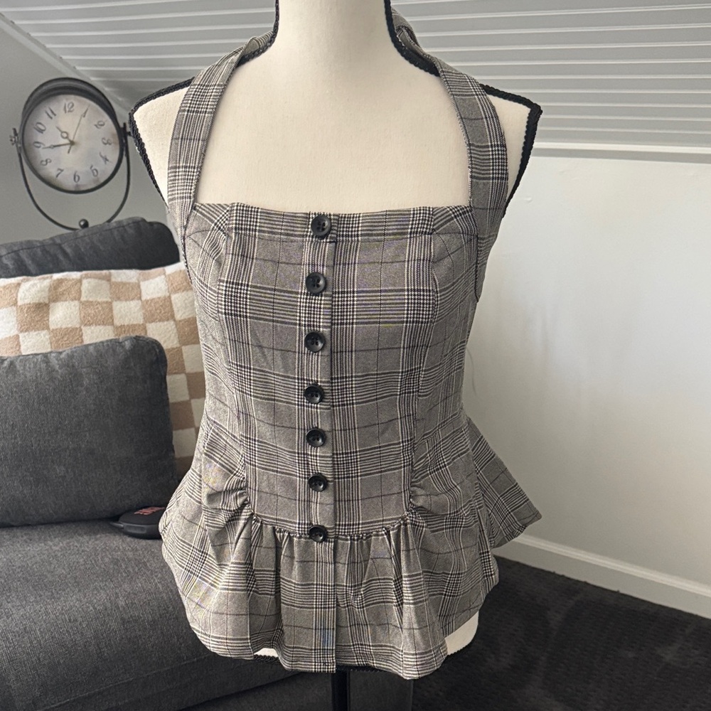 Free People Gray Plaid Button-Down Peplum Blouse - Picture 4 of 6
